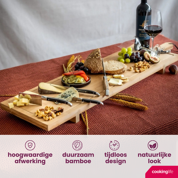 Cookinglife Serveerplank / Tapasplank op pootjes - XXL - Bamboe - 100 x 26 cm