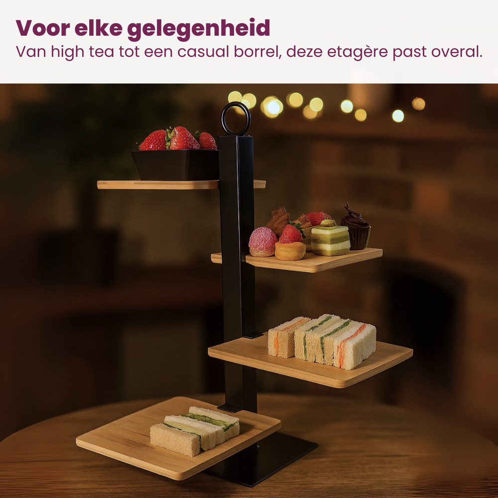 Cookinglife Etagere 4 Laags / Serveertoren + Schaaltje - Zwart Metaal