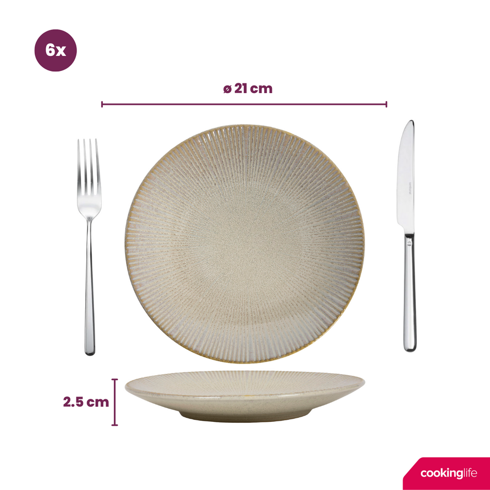 Cookinglife Ontbijtborden / Dessertborden Coastal Lines Ocean Beige ø 21 cm - 6 Stuks