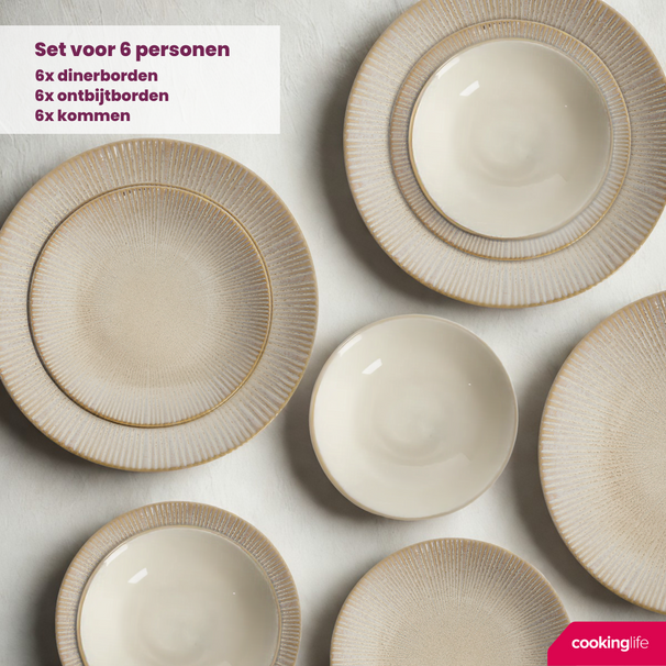 Cookinglife Serviesset Coastal Lines Ocean Beige 18-delig / 6 personen - 6 dinerborden, 6 ontbijtborden en 6 diepe borden