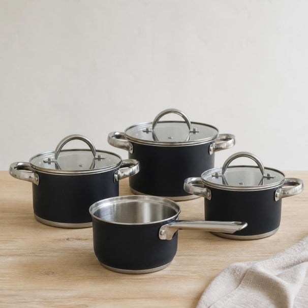 Cooking Pannenset Zwart 4-delig RVS - Kookpan ø 16, 18, 20 cm & Steelpan ø 16 cm - geschikt voor alle warmtebronnen