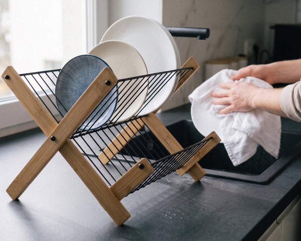 Cookinglife Afdruiprek Opvouwbaar - Zwart Metaal & Bamboe