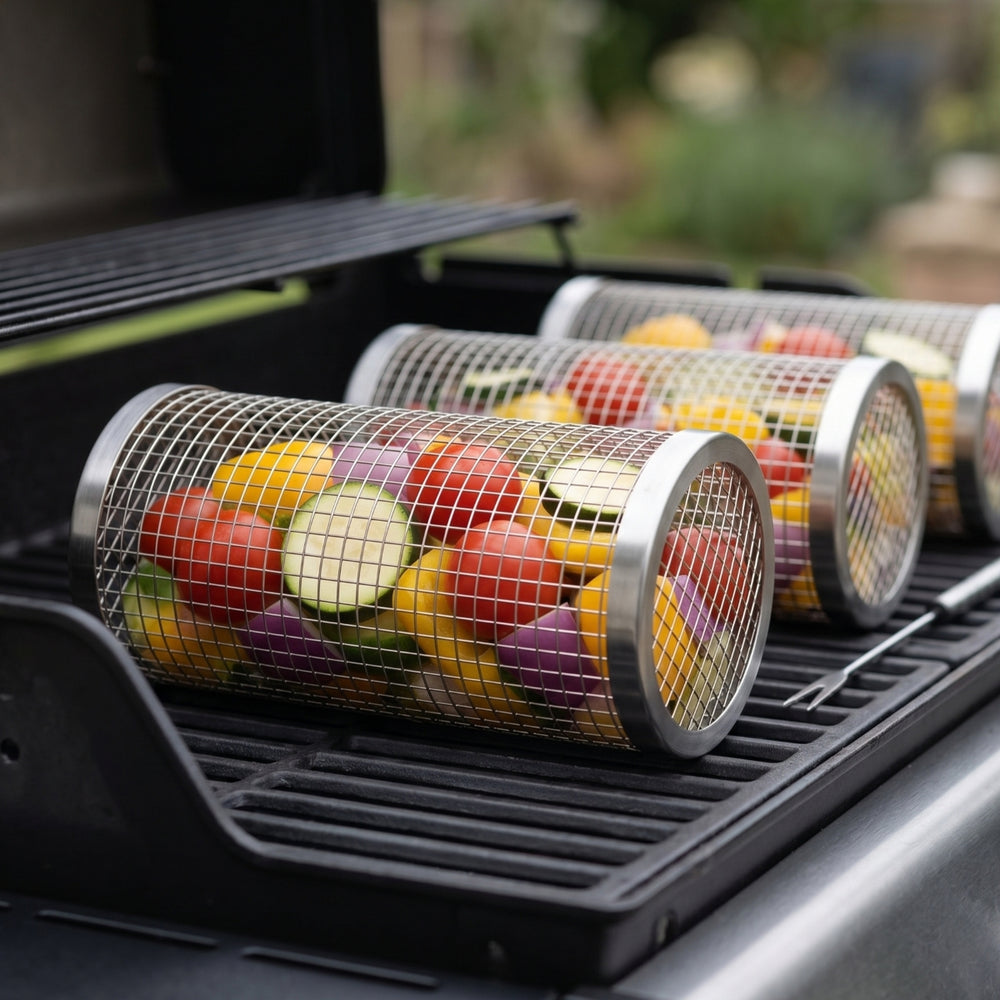 Cookinglife BBQ Rollende Grillmand RVS Ø 9 x 20 cm - Set van 2 stuks