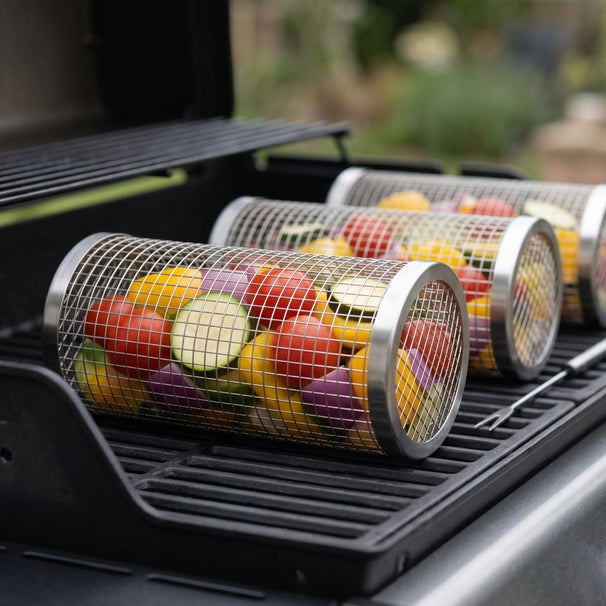 Cookinglife BBQ Rollende Grillmand RVS Ø 9 x 20 cm - Set van 2 stuks