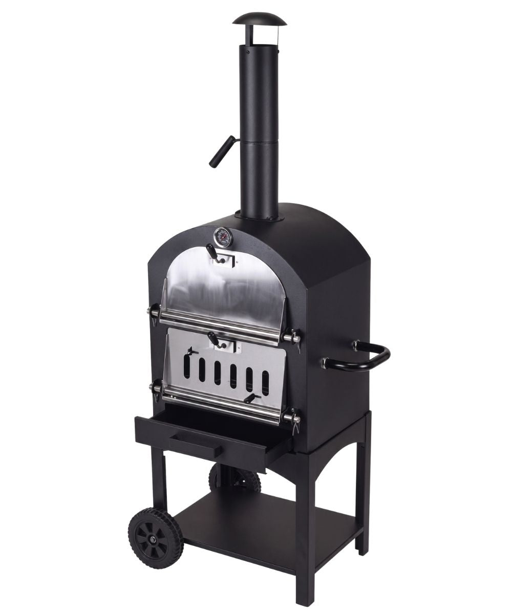 Cookinglife Houtskool BBQ Pizza Oven Fire & Flavour - 156 cm hoog - Inclusief Pizzasteen & Grillroosters - Zwart