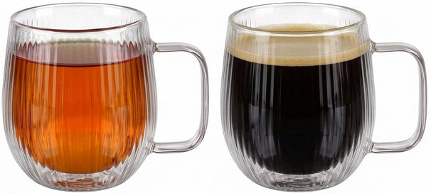 Cookinglife Dubbelwandige Koffie- / theeglazen met oor Lines - 350 ml - 2 Stuks