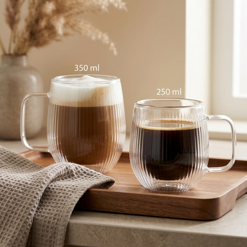 Cookinglife Dubbelwandige Koffie- / theeglazen met oor Lines - 350 ml - 2 Stuks