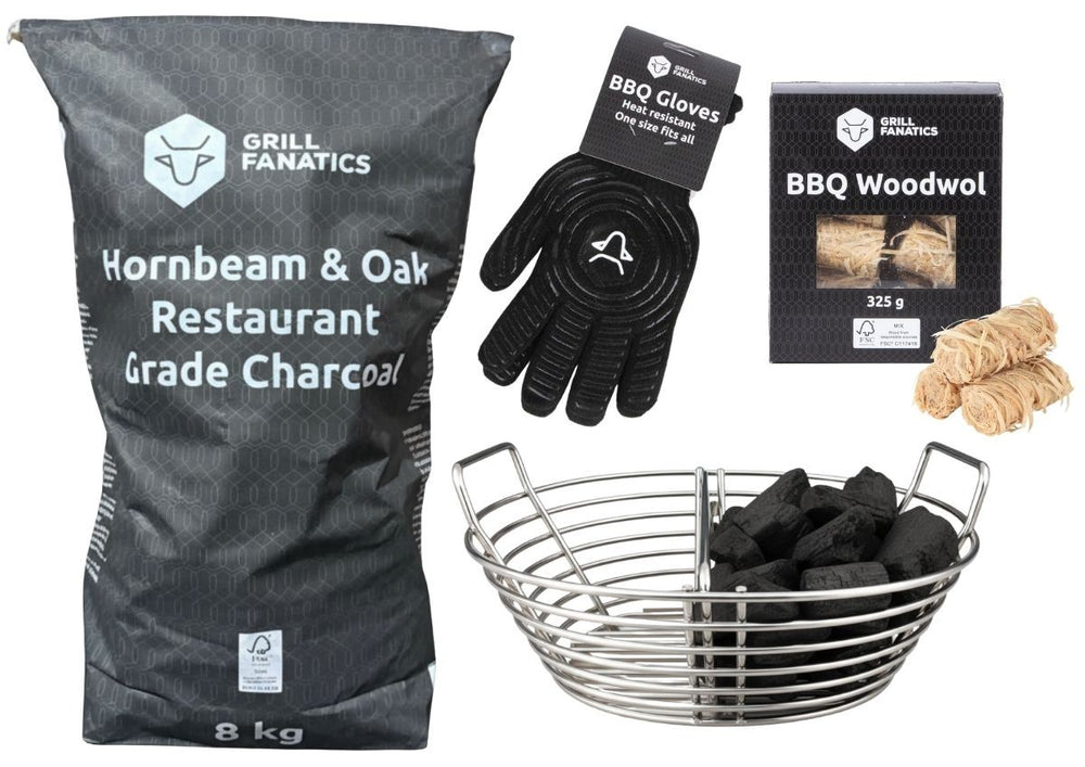 Cookinglife Grill Charcoal Startersset - Houtskool 8kg (Haagbeuk/Eik), Kolenmand & Handschoenen