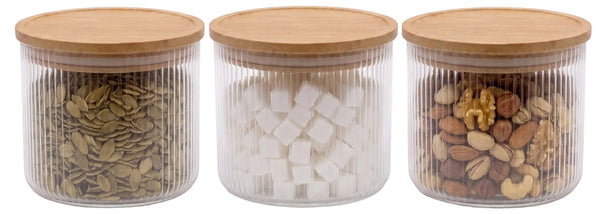 Cookinglife Voorraadpotten set Lines - Glas met Bamboe Deksel - ø 11 cm - 600 ml - 3 stuks