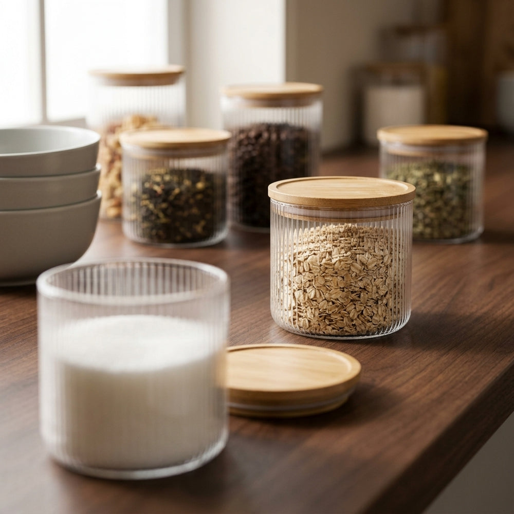 Cookinglife Voorraadpotten set Lines - Glas met Bamboe Deksel - ø 11 cm - 600 ml - 3 stuks