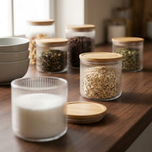 Cookinglife Voorraadpotten set Lines - Glas met Bamboe Deksel - ø 11 cm - 600 ml - 3 stuks