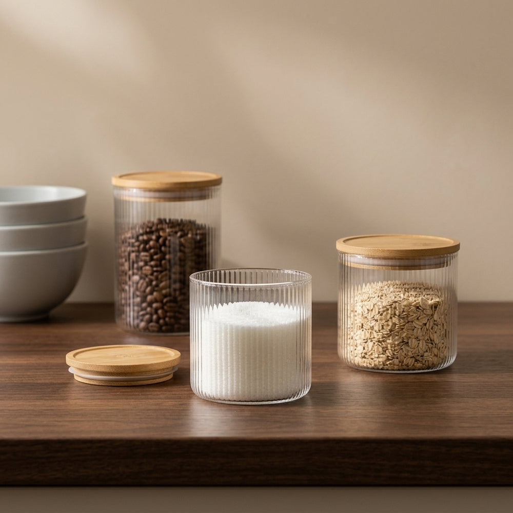 Cookinglife Voorraadpotten set Lines - Glas met Bamboe Deksel - ø 11 cm - 600 ml - 3 stuks