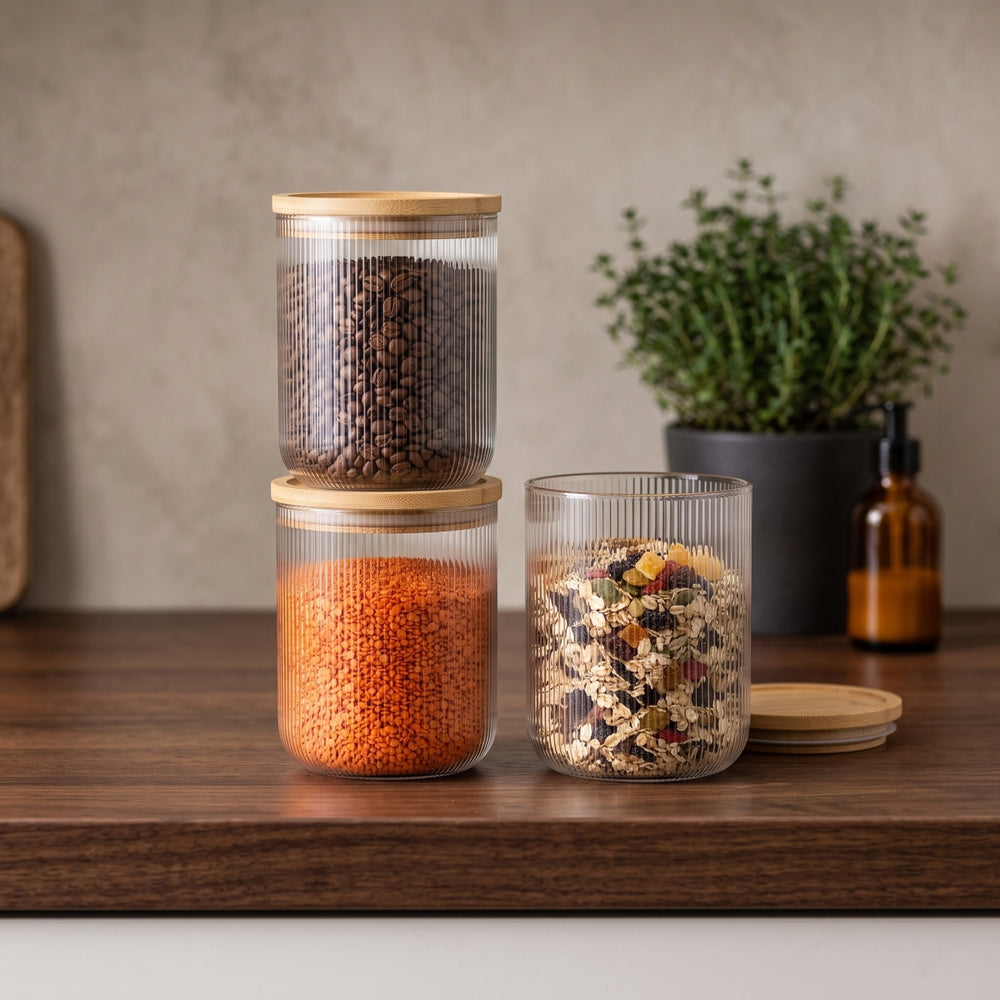 Cookinglife Voorraadpotten set Lines - Glas met Bamboe Deksel - ø 11 cm - 980 ml - 3 stuks