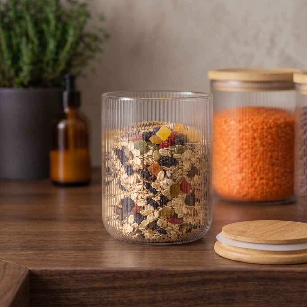 Cookinglife Voorraadpotten set Lines - Glas met Bamboe Deksel - ø 11 cm - 980 ml - 3 stuks