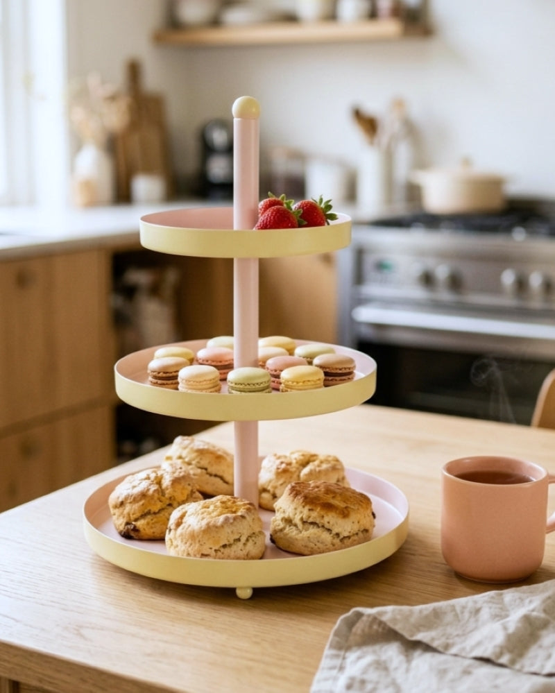 Cookinglife Etagere Metaal - Geel / Roze - ø 15, 20 & 25 cm - 3-laags - 35 cm hoog