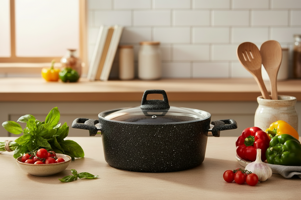 Cookinglife Kookpan met deksel - Black Speckle - Aluminium ø 20 cm / 2.7 liter - Geschikt voor alle warmtebronnen - standaard anti-aanbaklaag