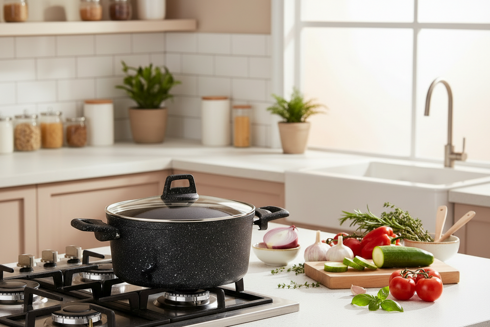 Cookinglife Pannenset Black Speckle 4-Delig Aluminium - Kookpan ø 20, 22, 24 cm & Steelpan ø 18 cm - Geschikt voor alle warmtebronnen - standaard anti-aanbaklaag