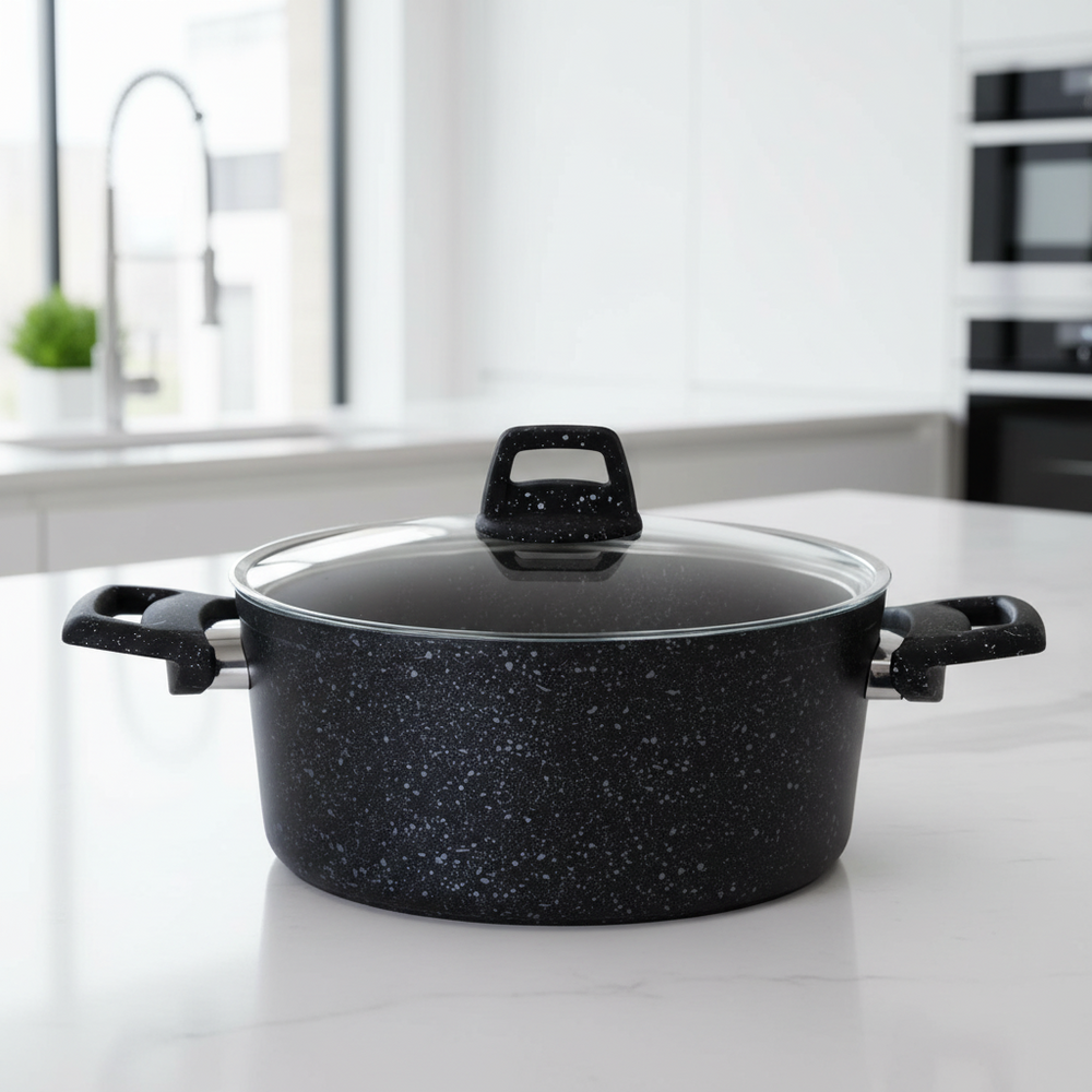 Cookinglife Kookpan met deksel - Black Speckle - Aluminium Ø 22 cm / 3.5 Liter - Geschikt voor alle warmtebronnen - standaard anti-aanbaklaag