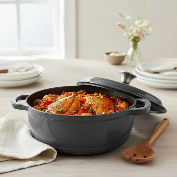Cookinglife Braadpan met deksel - Heritage Cast Gietijzer - Grijs - ø 22 cm / 2.4 Liter - geëmailleerde anti-aanbaklaag