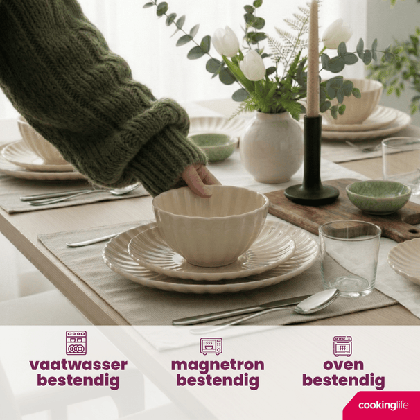 Cookinglife Serviesset Cardida Beige 18-delig / 6 personen - 6 dinerborden, 6 ontbijtborden en 6 kommen