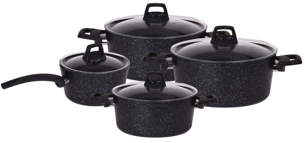 Cookinglife Pannenset Black Speckle 4-Delig Aluminium - Kookpan ø 20, 22, 24 cm & Steelpan ø 18 cm - Geschikt voor alle warmtebronnen - standaard anti-aanbaklaag