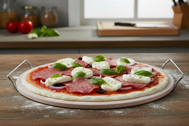 Cookinglife Pizzasteen met houder Fire & Flavour ø 33 cm -  Hittebestendig Steen - BBQ en Oven Gebruik
