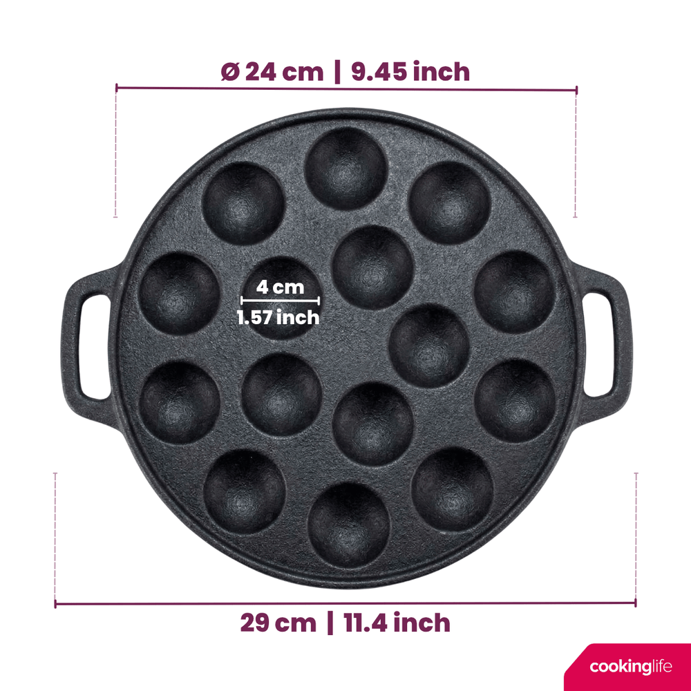 Cookinglife Poffertjespan - Gietijzer - ø 24 cm - 15 poffertjes - zonder anti-aanbaklaag - geschikt voor alle warmtebronnen