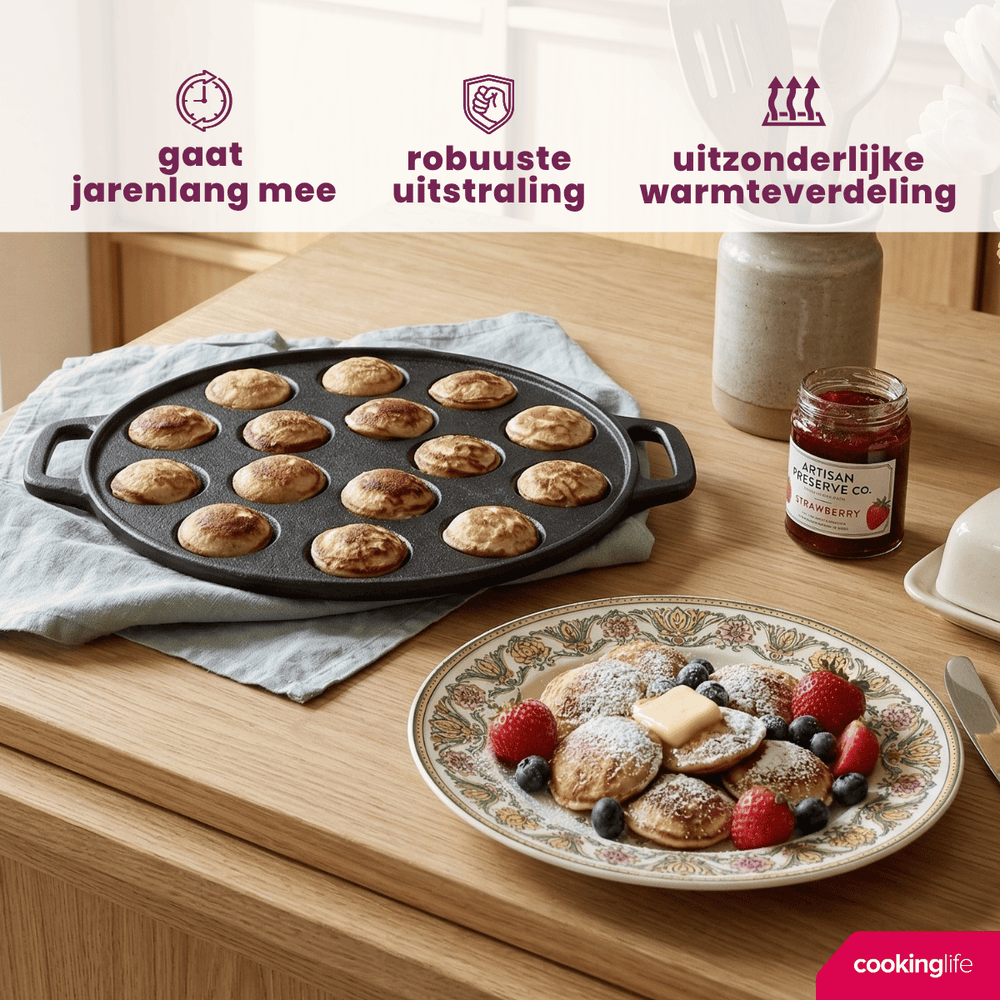 Cookinglife Poffertjespan - Gietijzer - ø 24 cm - 15 poffertjes - zonder anti-aanbaklaag - geschikt voor alle warmtebronnen