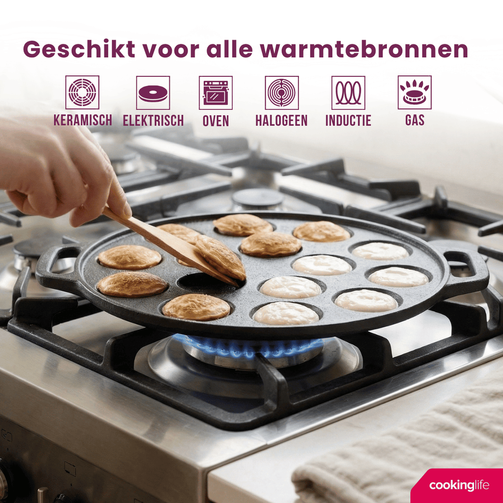 Cookinglife Poffertjespan - Gietijzer - ø 24 cm - 15 poffertjes - zonder anti-aanbaklaag - geschikt voor alle warmtebronnen