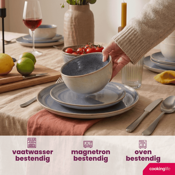 Cookinglife Serviesset Serene Blue 12-delig / 4 personen - 4 dinerborden, 4 ontbijtborden en 4 kommen