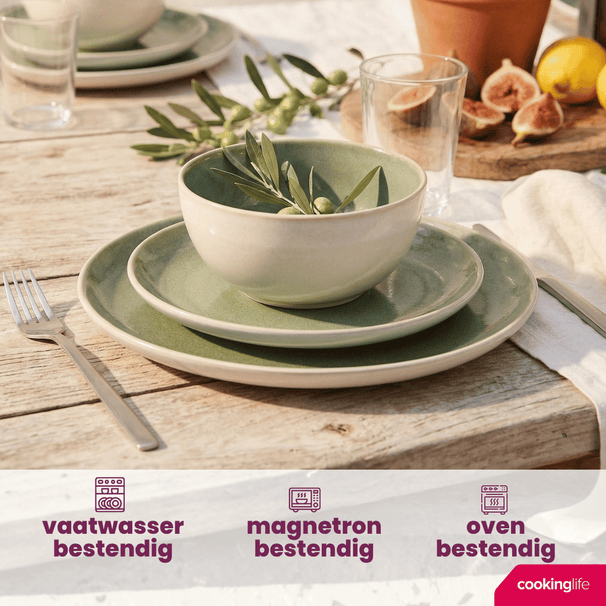 Cookinglife Serviesset Serene Green 12-delig / 4 personen - 4 dinerborden, 4 ontbijtborden en 4 kommen