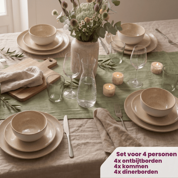 Cookinglife Serviesset Serene Zand 12-delig / 4 personen - 4 dinerborden, 4 ontbijtborden en 4 kommen