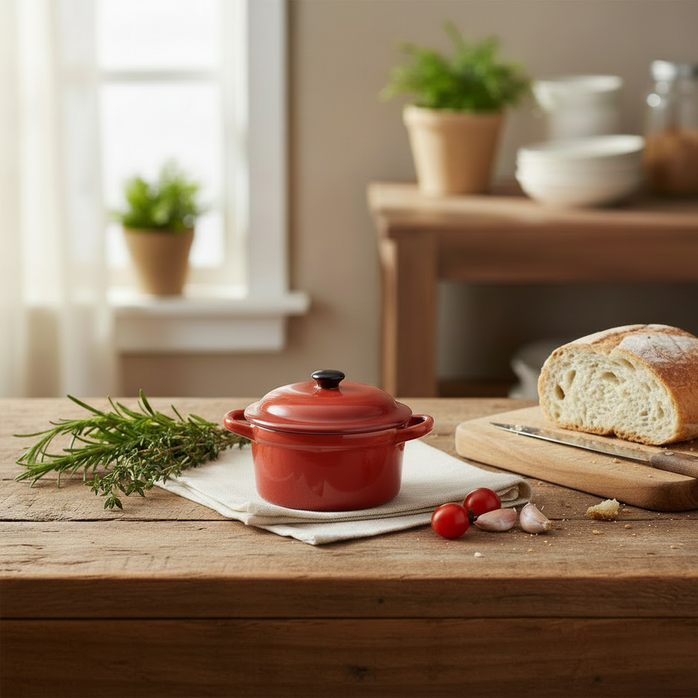 Cookinglife Serveerpannetje met deksel Rood - Porselein - ø 10 cm / 300 ml