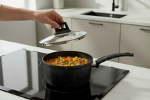 Cookinglife Steelpan / Sauspan met deksel - Black Speckle - Aluminium ø 18 cm / 2.2 liter - Geschikt voor alle warmtebronnen - standaard anti-aanbaklaag
