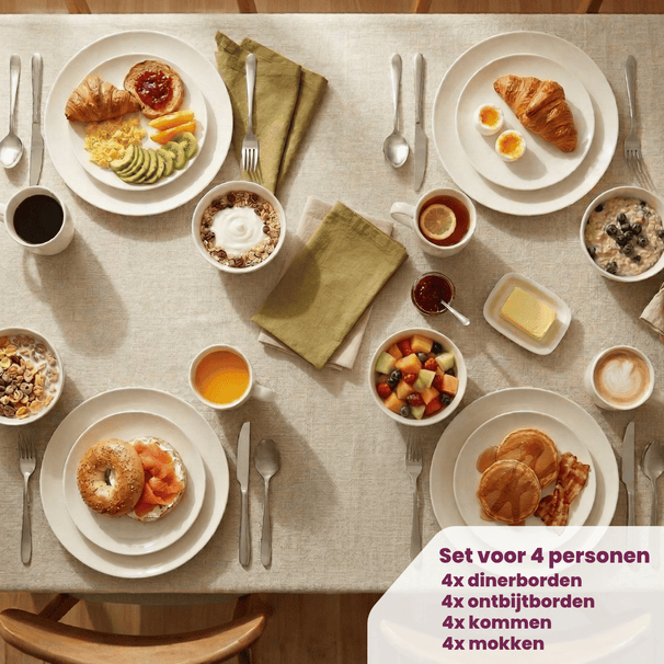 Cookinglife Serviesset Aardewerk Wit 16-delig / 4 personen - 4 dinerboren, 4 ontbijtborden, 4 kommen en 4 mokken