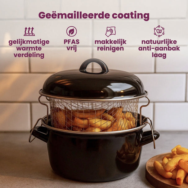 Cookinglife Oliebollenpan - Frituurpan - Braadpan - Emaille - met mand - ø 24 cm / 4 Liter - geëmailleerde anti-aanbaklaag