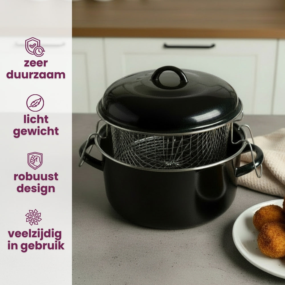 Cookinglife Oliebollenpan - Frituurpan - Braadpan - Emaille - met mand - ø 24 cm / 4 Liter - geëmailleerde anti-aanbaklaag