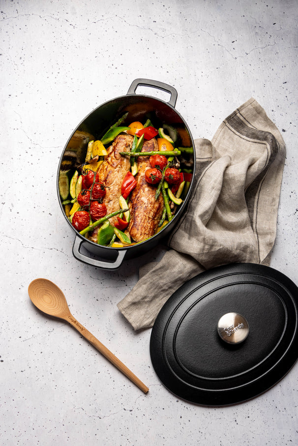 Cosy & Trendy Braadpan met deksel Fontestic Gietijzer Black Ovaal - 31 x 24 cm / 6 Liter - geëmailleerde anti-aanbaklaag