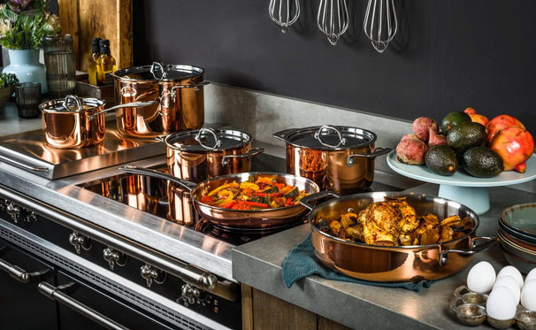 DUCQ Pannenset Koper 6-Delig - Kookpan ø 20, 20, 24 cm & Steelpan ø 16 cm & Braadpan ø 28 cm & Koekenpan ø 26 cm + Deksels