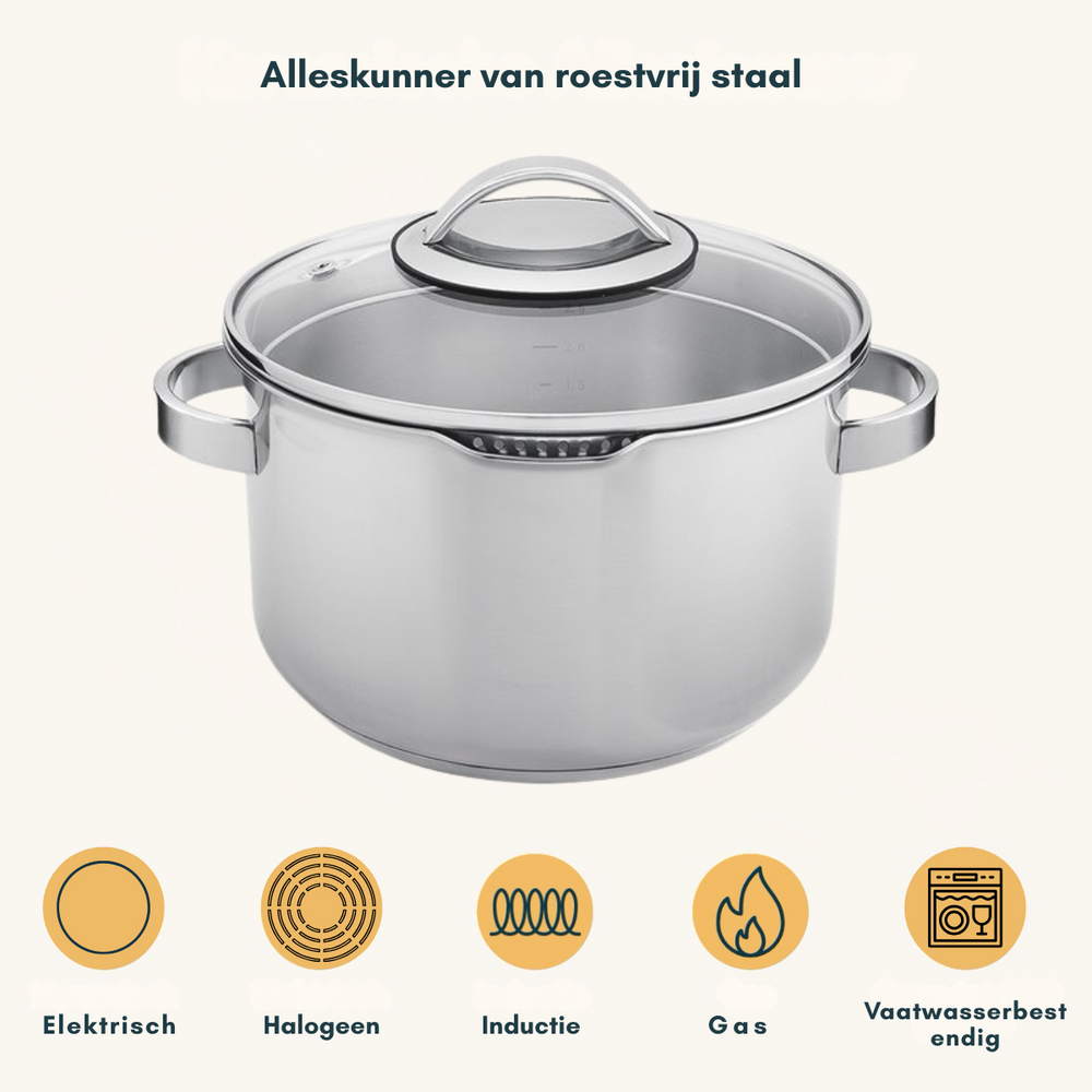 Sola Pannenset Diamond 5-Delig RVS - Downdraft geschikt - Kookpan ø 16, 18, 20, 24 cm & Steelpan ø 16 cm - geschikt voor alle warmtebronnen