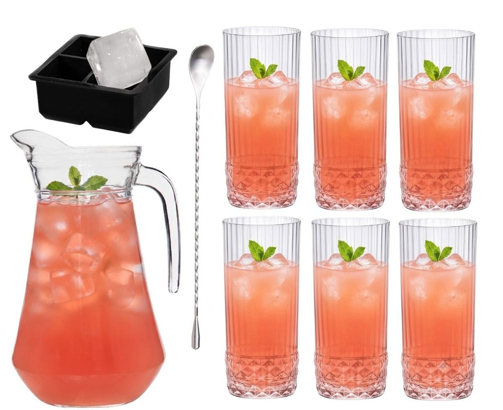Cocktailset Dolle Mina - Karaf 1.6 L met 6 Longdrinkglazen 490 ml, Cocktaillepel & IJsblokjesvorm