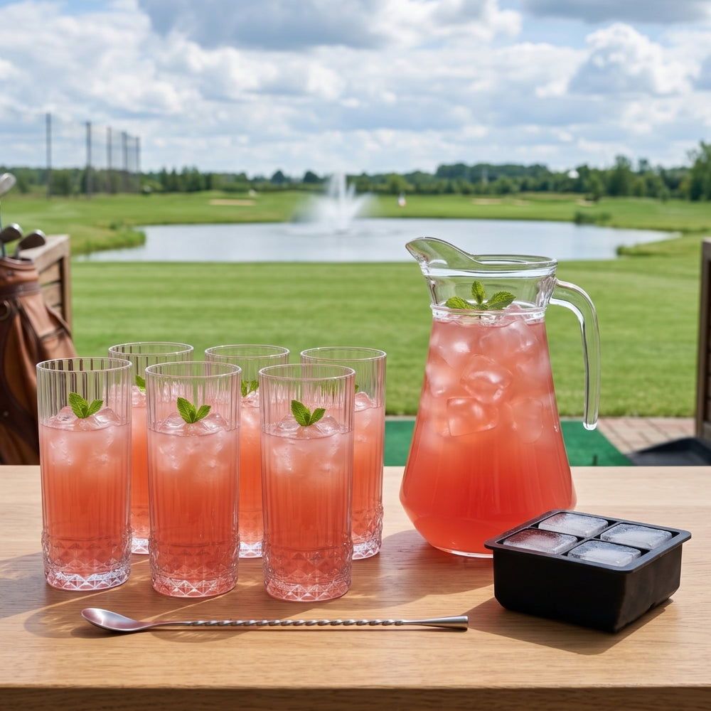 Cocktailset Dolle Mina - Karaf 1.6 L met 6 Longdrinkglazen 490 ml, Cocktaillepel & IJsblokjesvorm