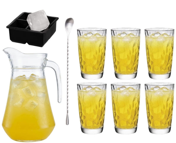 Cocktailset Gele Peter - Karaf 1.6 L met 6 Longdrinkglazen 470 ml, Cocktaillepel & IJsblokjesvorm