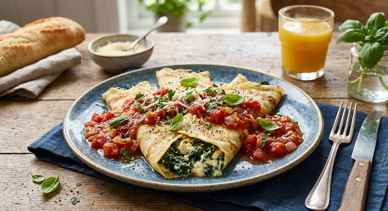 Heerlijke spinazie- en kaasgevulde crêpes met tomatensaus