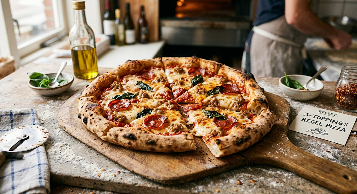 Tomatensaus, mozzarella en maximaal twee toppings: zo blijft de bodem knapperig.