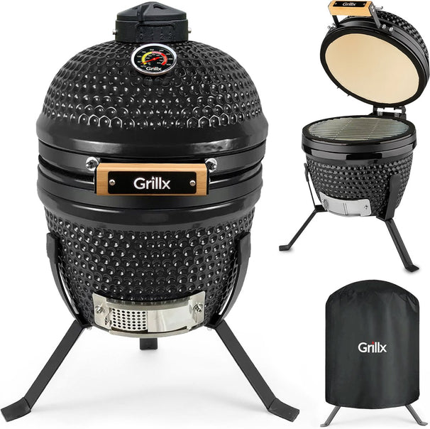 GrillX Kamado Barbecue - 13 Inch - Inclusief Opberghoes - Barbecue Egg - Houtskool Barbecue - Zwart - Ø 27 cm