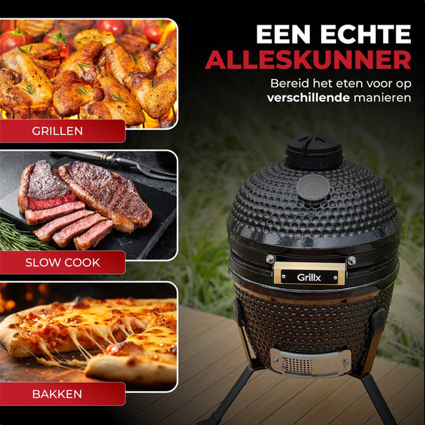 GrillX Kamado Barbecue - 13 Inch - Inclusief Opberghoes - Barbecue Egg - Houtskool Barbecue - Zwart - Ø 27 cm