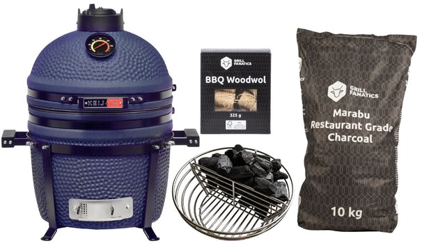 Keij Kamado BBQ Startersset - Legend Compact Blue 15 inch - met Houtskool, Aanmaakwokkels & Kolenmand