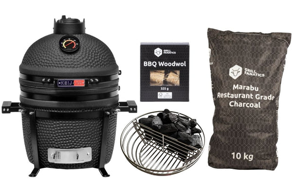 Keij Kamado BBQ Startersset - Legend Compact Black 15 inch - met Houtskool, Aanmaakwokkels & Kolenmand