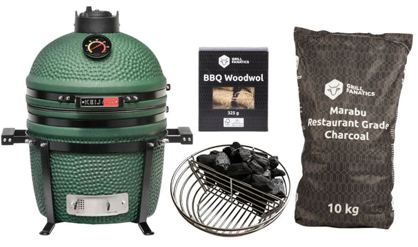 Keij Kamado BBQ Startersset - Legend Compact Green 15 inch - met Houtskool, Aanmaakwokkels & Kolenmand